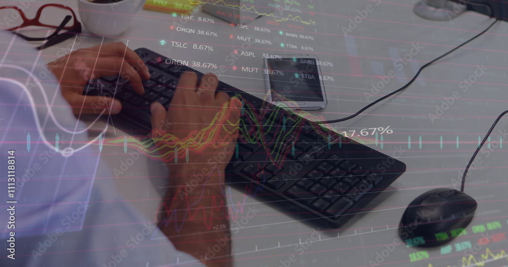 Poster image of financial data processing over caucasian man using computer