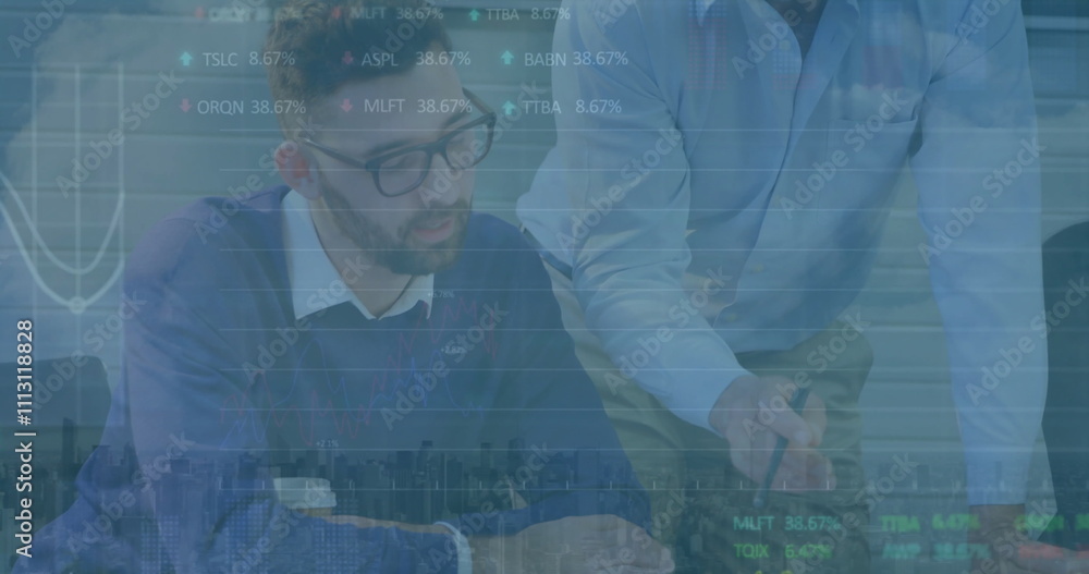 Poster image of financial data processing over diverse colleagues discussing work in office