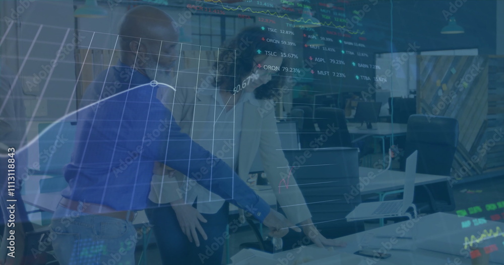 Aufkleber image of financial data processing over diverse colleagues discussing work in office