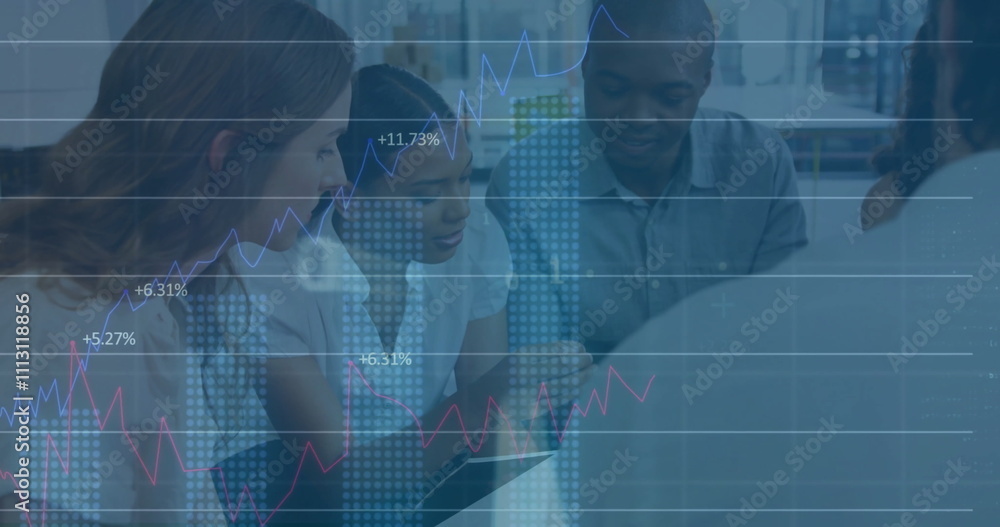 Poster image of financial data processing over diverse colleagues discussing work in office