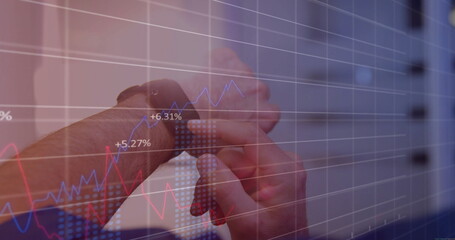 Image of financial data processing over caucasian man using smartwatch