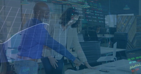 Image of financial data processing over diverse colleagues discussing work in office