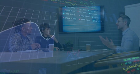 Image of financial data processing over diverse colleagues having meeting in office