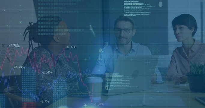 Image of financial data processing over diverse colleagues discussing work in office