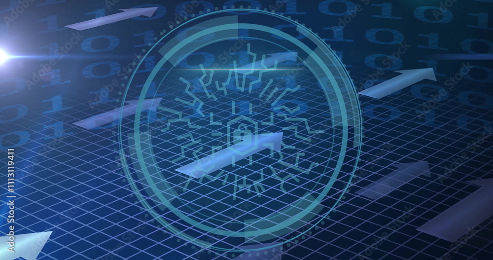 Poster image of padlock icon and security scanner over arrows and processing data