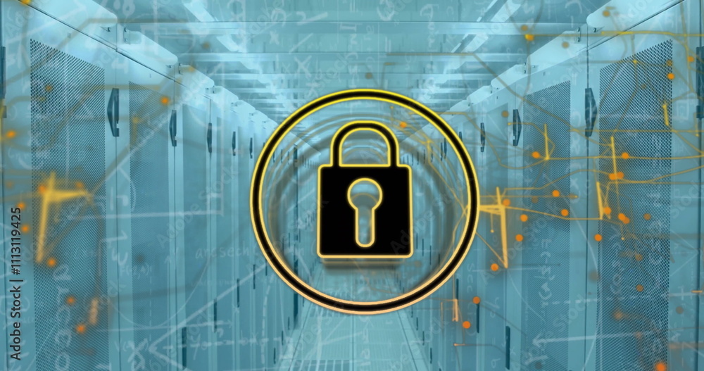 Poster image of padlock icon network and mathematical data processing over server room