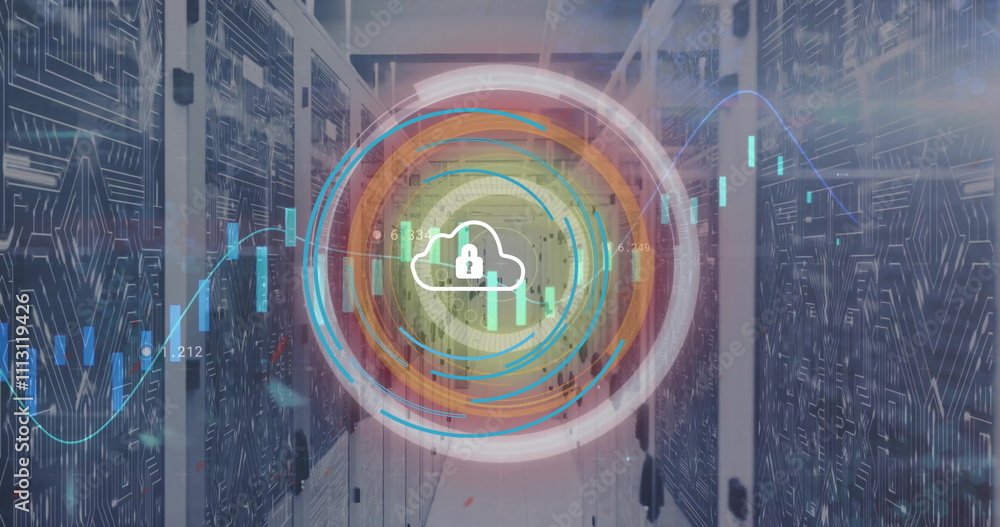Poster image of cloud and padlock icon, security scanner and processing data over server room