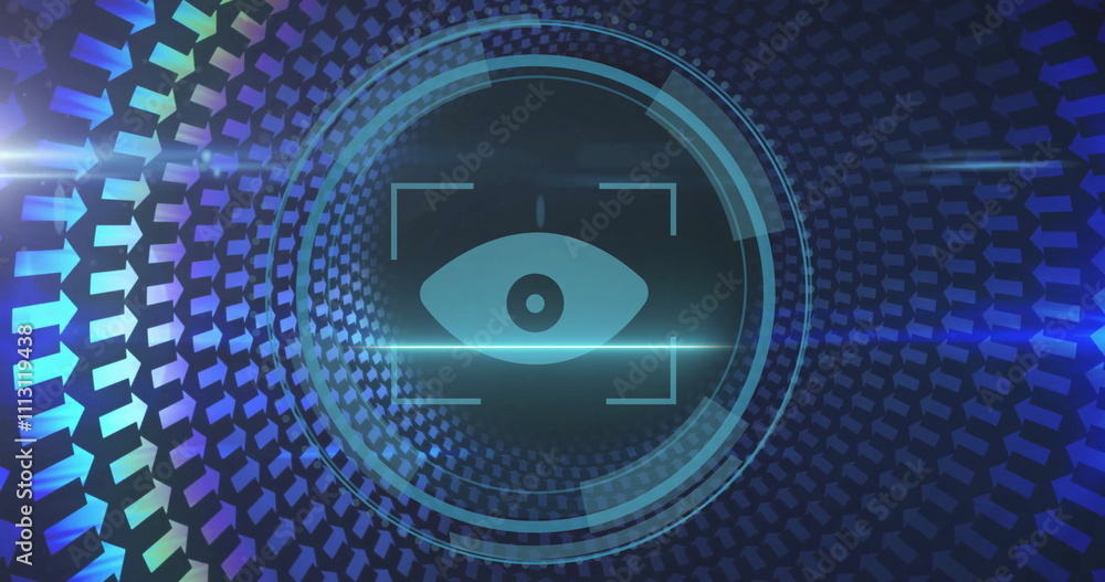 Poster image of arrows and biometric eye scanner processing data