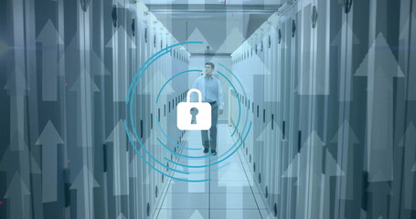 Image of padlock icon and upward arrows over caucasian businessman in server room - Powered by Adobe