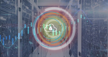 Image of cloud and padlock icon, security scanner and processing data over server room