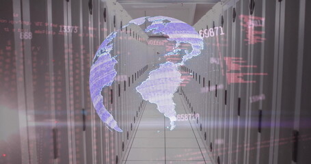 Image of rotating globe and processing data over server room