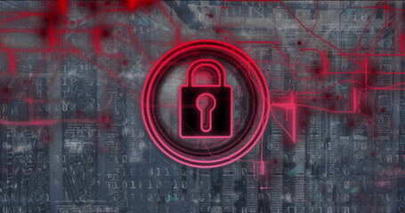 Image of red padlock icon over networks and processing data