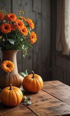 Still life of pumpkins and flowers on a wooden table, pumpkins, wood, textures