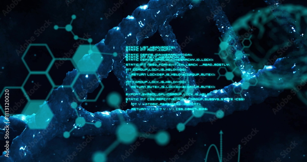 Poster image of viruses, brains and data processing over dna on black background