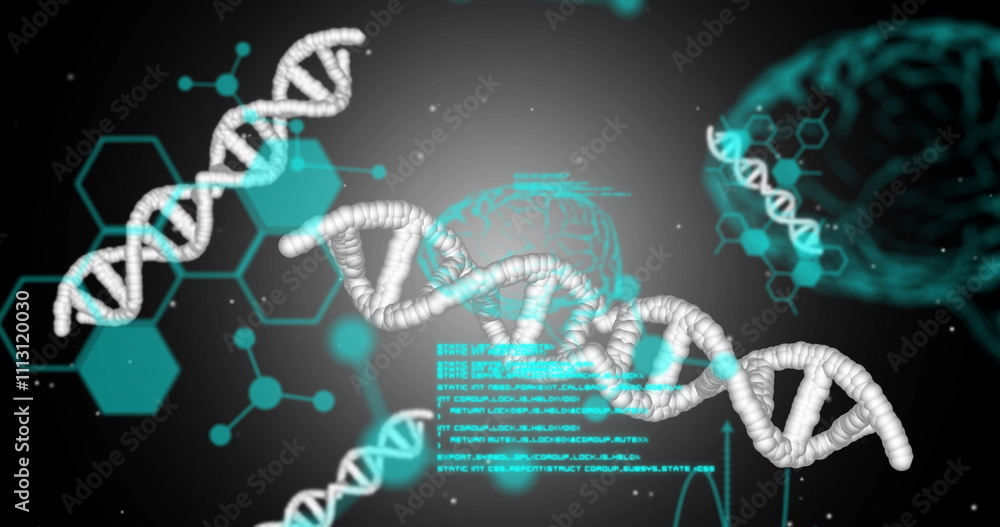 Poster image of elements, brains, dna strands and data processing on dark background