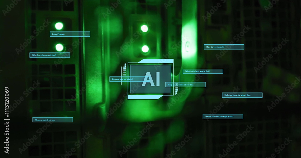 Poster image of ai text and scanner processing with dialogue boxes over server room