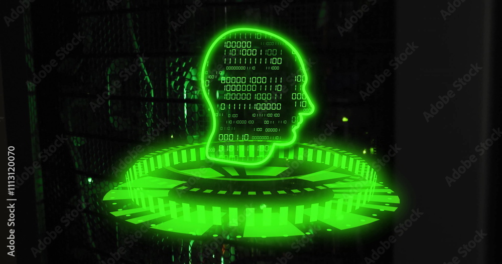 Poster image of glowing green circular scanner and head with binary data processing and server room