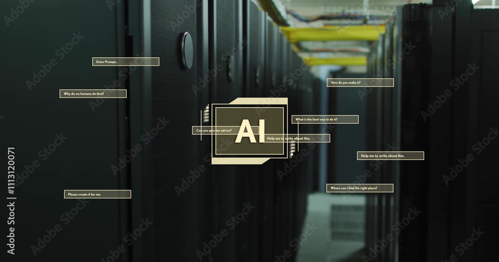 Poster image of ai text on processing scanner with interface dialogue boxes over dark server room