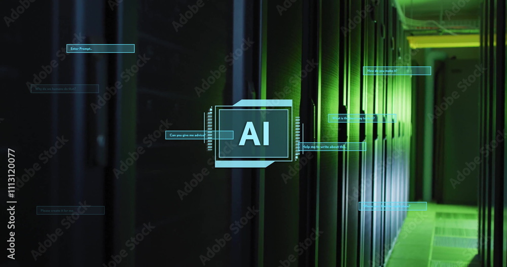 Poster image of ai text on processing scanner with interface dialogue boxes over dark server room