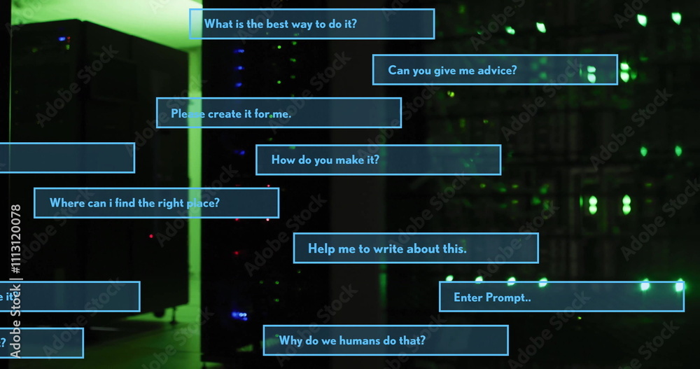 Poster image of ai interface dialogue boxes over dark server room