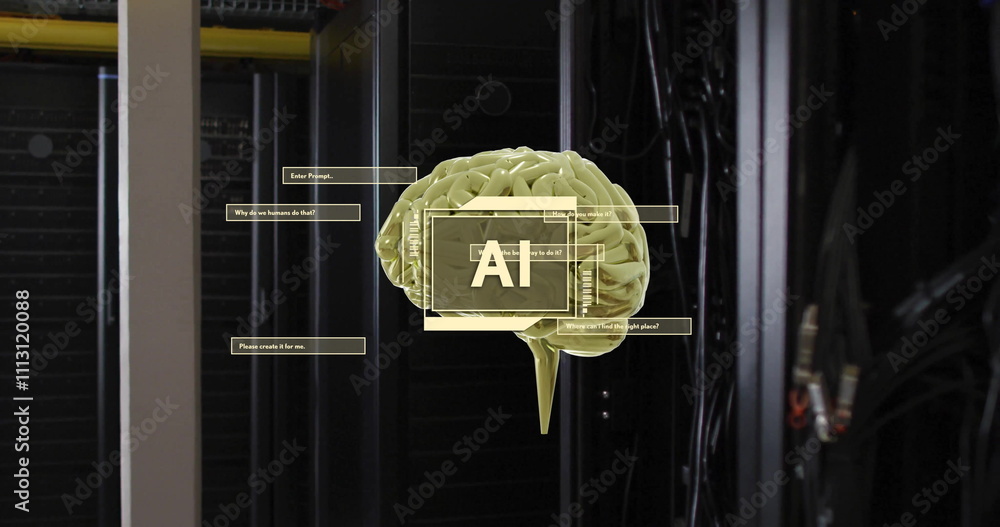 Poster image of ai text on scanner with brain and interface dialogue boxes over dark server room