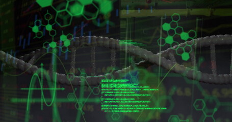 Image of medical data processing over dna on dark background