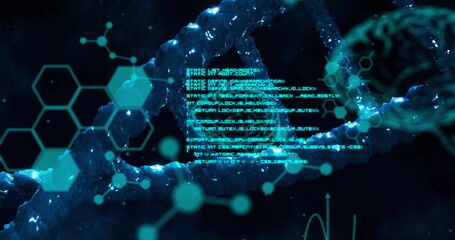 Image of viruses, brains and data processing over dna on black background