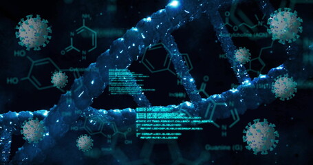 Image of viruses and data processing over dna on black background
