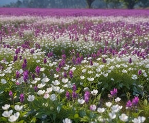 A whimsical scene of a meadow filled with white field pea blossoms amidst a sea of vibrant purple cow peas, garden, nature