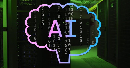 Image of ai text and brain icon over binary data processing and server room