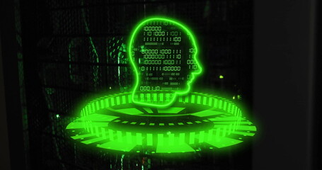 Image of glowing green circular scanner and head with binary data processing and server room