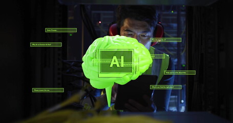 Image of ai text, scanner, brain and dialogue over asian male technician in dark server room
