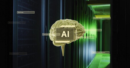 Image of ai text, scanner, rotating brain and dialogue boxes over dark server room
