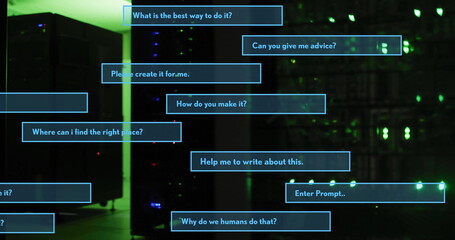 Image of ai interface dialogue boxes over dark server room