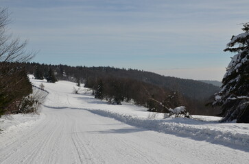 snow covered mouintain road , beskydy, czech , pustevny