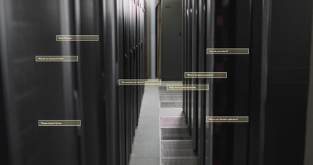Image of ai interface dialogue boxes over computer server room