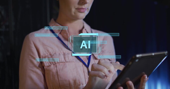 Image of ai text, scanner and dialogue boxes over caucasian female technician in server room - Powered by Adobe