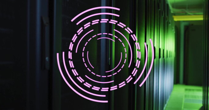 Image of rotating pink circular scanner processing over dark server room - Powered by Adobe