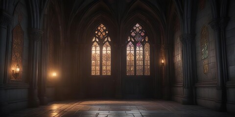 Obraz premium richly detailed gothic entranceway with stained glass windows and soft luminescent glow, stained, detailed, richly