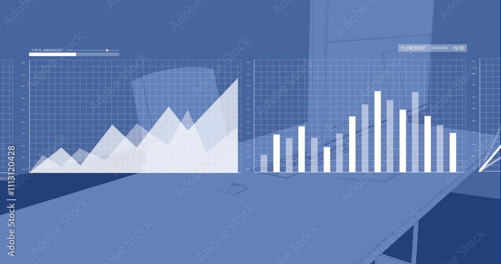 Poster image of data processing over desk with computer on blue background