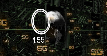 Image of 5g text, digital data processing and globe over black background