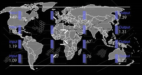 Image of digital data processing and world map over black background