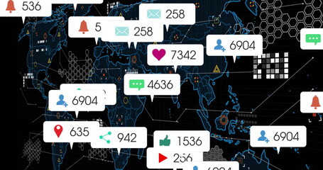 Image of digital data processing and world map over black background