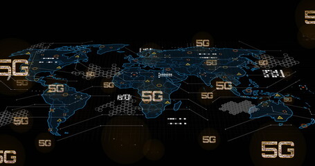 Image of 5g text, digital data processing and world map over black background