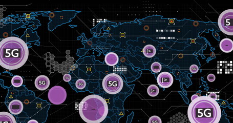 Image of 5g text, digital data processing and world map over black background