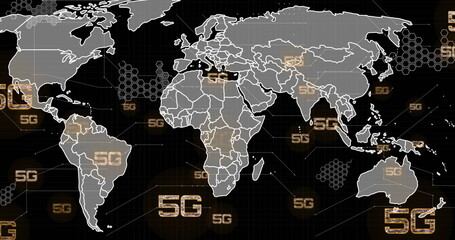 Image of 5g text, digital data processing and world map over black background