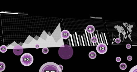 Fototapeta premium Image of 5g text, digital data processing over black background