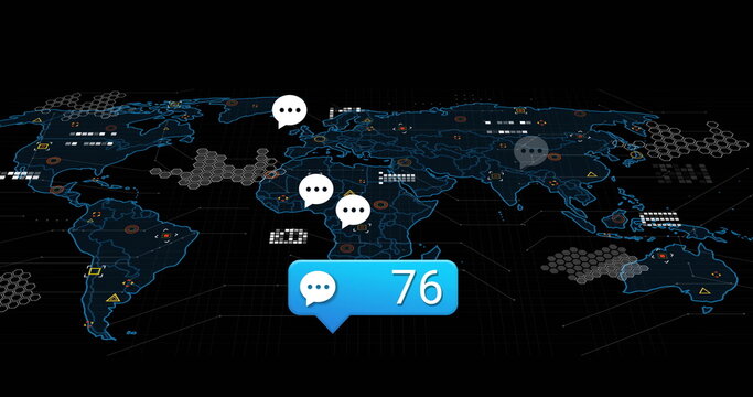 Image of digital data processing and world map over black background