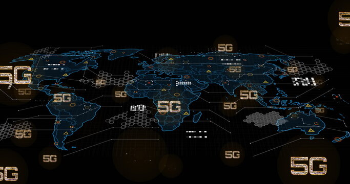 Image of 5g text, digital data processing and world map over black background - Powered by Adobe