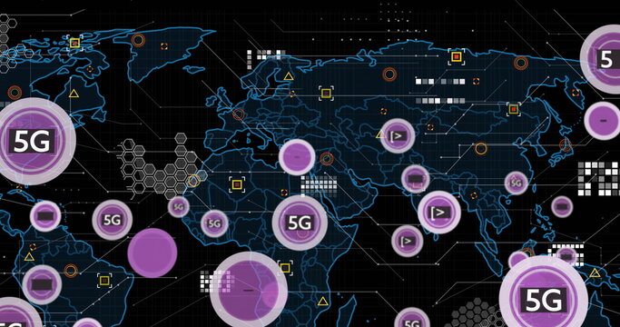Image of 5g text, digital data processing and world map over black background